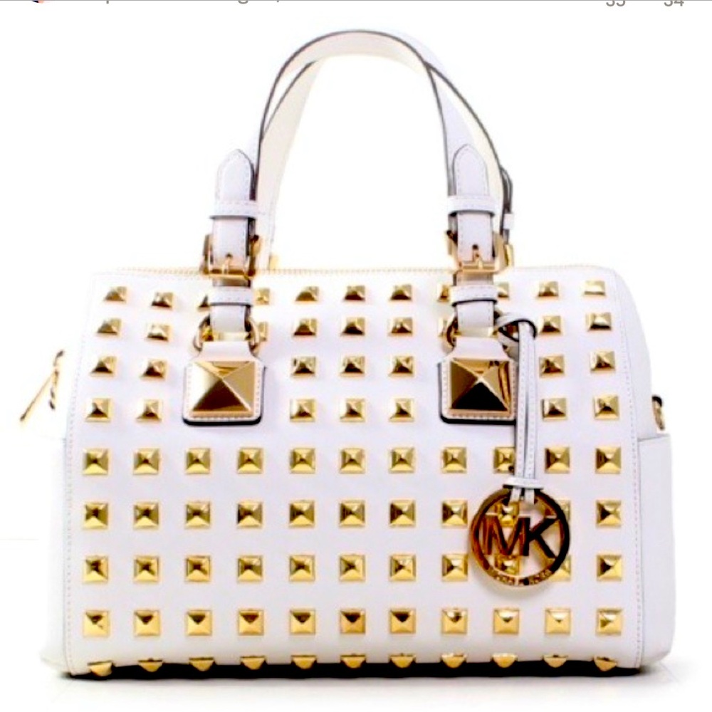 Authentic MK Grayson genuine white leather with gold stud handbag.